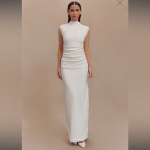 Meshki White Ruched Sheath Maxi Dress